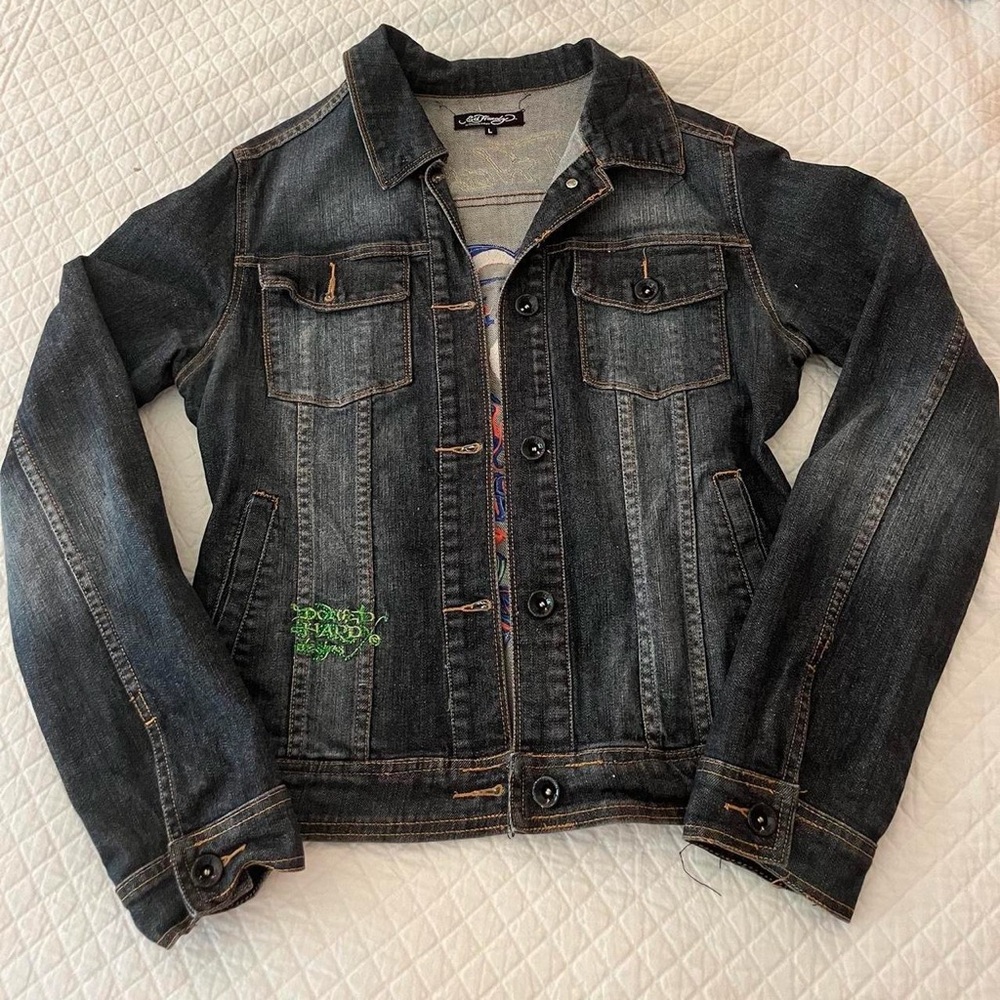 Ed Hardy Y2K Tattoo Graphic Denim Jacket Rhinestone Size L
